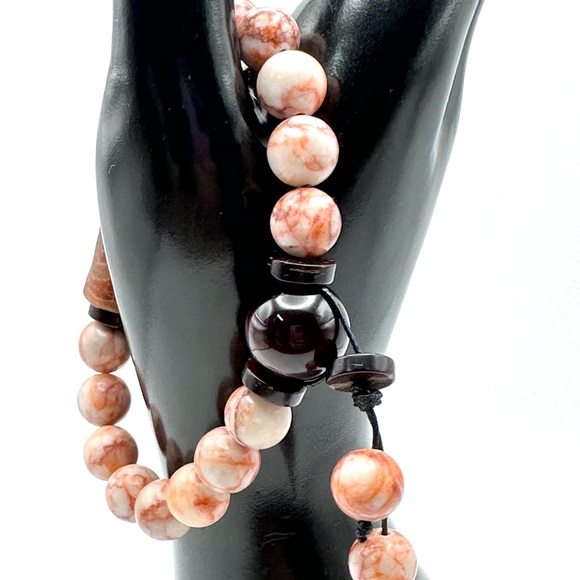 RED VEIN JASPER + 3 EYE TIBETAN AGATE NATURAL BRACELET size 7” - Picture 3 of 8